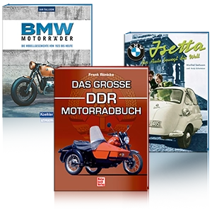 Trois livres historiques sur les motos : BMW Motorräder, Das große DDR Motorradbuch et Isetta.